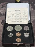The 1980 specimen coin set displayed inside an open red case with black velvet coin holder and a specifications card placed behind coins.