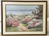 Photo of the full framed watercolor painting of cherry blossoms with lake and boats in the background.