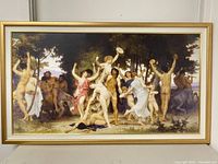 Full view of framed print depicting classical mythological scene with dancing figures and satyrs in a forest.