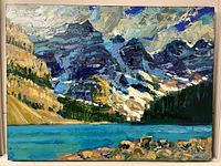 Full view of oil on canvas painting showing mountains, lake and shoreline