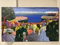 Full view of oil painting showing terrace, trees, bay and sky