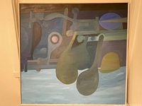 Full view of the framed original abstract painting showing the composition and color scheme.