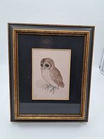 Frontal view of the framed owl drawing showing full artwork, frame, and black matting.