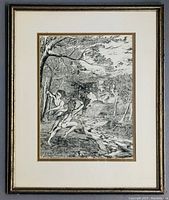 Full frontal image of the framed gothic macabre ink illustration, showing two figures by a river and detailed forest background.