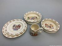 Photo of 2 plates, 2 bowls, and 1 mug arranged on flat surface showing Bunnykins designs and condition.