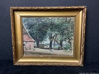 Front view of oil on canvas painting depicting a farm scene corner with barn, trees, and animals, in decorative gold frame.