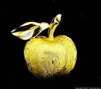 Front view of vintage gold tone apple pin showing brushed texture finish on apple, shiny stem and leaf, on black background.