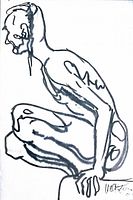 Close-up of the pencil sketch showing the detailed lines of the crouching figure and signature.