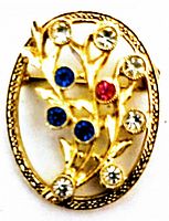 Front photo showing gold-tone oval brooch with floral design and clear, blue, pink rhinestones.