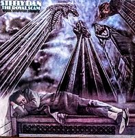Close-up of album art depicting a man lying on a bench with skyscrapers topped by animal heads in the background. Shows wear on the album cover.