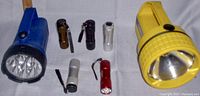 All seven flashlights displayed including two large handheld and five small pocket flashlights