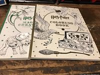 Two Harry Potter colouring books side by side on a table, clear cover titles and illustrations visible.