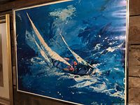 Full view of artwork showing two sailboats on water with blue tones and signed by Neiman.