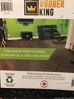 Package label showing Rubber King brand and Challenger Series flooring for gym use with product details.