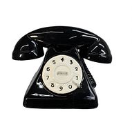 Front view of black porcelain rotary phone salt shaker with white rotary dial and numbers.