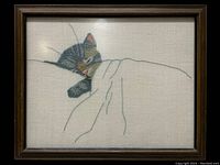 Full view of the framed vintage kitten embroidery artwork