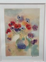 Full view of framed lithograph showing the floral arrangement with varied colors and signature in lower right.
