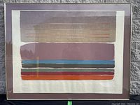 Full view of framed serigraph showing abstract horizontal color blocks and mat.