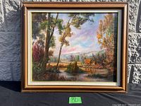 Framed landscape painting titled "Farm" by Ross Parry, showing a farm scene with trees, a pond, and farmhouse with orange roof, under a colorful sky.