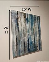 Abstract painting measuring 24 inches high by 20 inches wide, showing a vertical textured pattern in blue and gray hues.