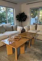 Two square coffee tables placed side by side in a living room setting with beige couches and a plant in the corner.
