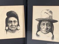 Two black and white framed prints side by side featuring Sitting Bull on left and Chief Joseph on right, detailed drawings by H.K. Bunnell.