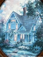 Close-up of the canvas print showing Victorian cottage scene with blue twilight tones