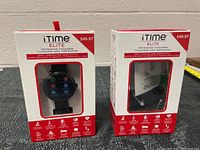 Front and side views of two iTime Elite smartwatches in packaging, one opened and one new in box.