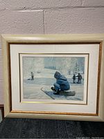 Framed winter scene print by M.G. Smith showing children in snow, full view.