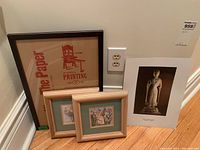 View of all four prints: one large framed graphic print, two smaller framed floral cat prints, one unframed statue photographic print