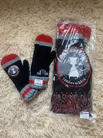 Photo shows mitts and scarf set placed on carpeted surface. Mitts are black with red and gray stripes, soft interior, folded at the wrists. Scarf is black, red, and gray with Grey Cup Toronto 2016 logo and fringe, packaged in plastic.