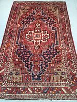 Full view of the rug laid flat on white floor showing overall pattern and border.