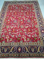 Full view of rug showing red central field with all-over floral garden design and dark blue border