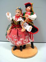 Front view of the pair of Polish folk dancer dolls on wooden base, showing the female and male dolls with detailed costumes.