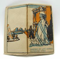 Front cover of the antique book showing the title Madame de Sevigne Maxims of Life Series Number Two with illustrated design of a woman and fountain in orange, blue, and black on a beige background.