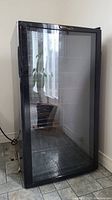 Front view of black Danby Designer wine fridge with glass door, wire shelves visible inside.