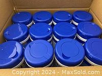 Top view of 12 identical white containers with blue lids inside a cardboard box.