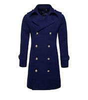 Full front view of men's navy blue double-breasted coat with gold buttons, structured collar, shoulder epaulets, and cuff straps.