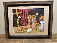 Color offset lithograph print titled "Descent From The Cross" by William H. Johnson in wooden brown frame with black trim.