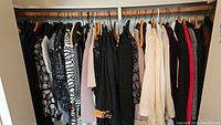 Photo of a clothing rack holding a variety of blouses, jackets, and dresses in mostly darker colors with some lighter garments. Includes animal prints, lace details, and classic colors.