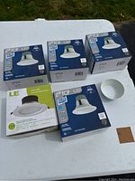 Five LED downlight bulbs and one white trim ring displayed on a table outdoors.