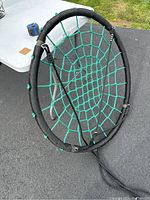Full view of the tree swing showing the circular black foam-padded frame with green net seat lying on the ground.
