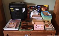 Overview of lot showing shredder, stationery items, card boxes, and Avery printer sheet packages.