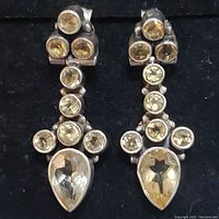 Front view of pair of sterling silver earrings with round and pear-shaped citrine stones.