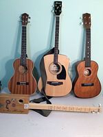 The full set of five stringed instruments visible: tenor guitar, two baritone ukuleles, three-string box instrument