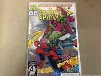 Photo of Spectacular Spiderman #200 comic book showing foil cover artwork with Spiderman and the Green Goblin.