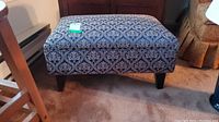 Padded footstool with blue and cream damask fabric, photographed at different angles showing front, top, and side views.