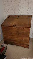 Full front view of vintage wooden storage bin showing slanted lid with hinges and front handle, wood grain texture, and shape.