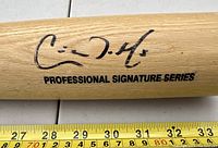 Close-up of the signature on the bat above the text 'Professional Signature Series' with measuring tape for scale.