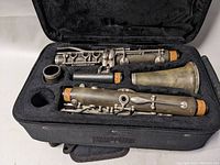 Disassembled clarinet parts arranged in the soft padded case, showing upper joint, lower joint, barrel and bell.